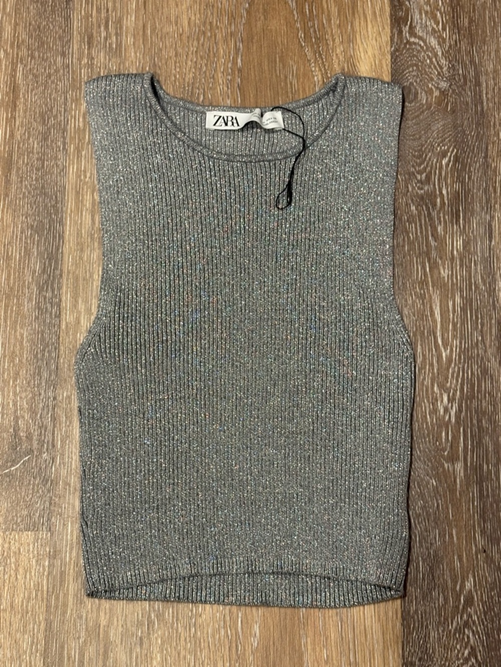 ZARA Silver Metallic Ribbed Crewneck Tank